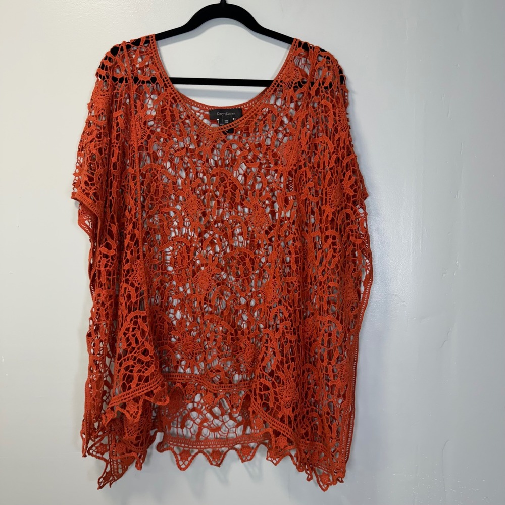 Karen Kane‎ Women Orange Crochet Lace Poncho Top One Size Boho Floral